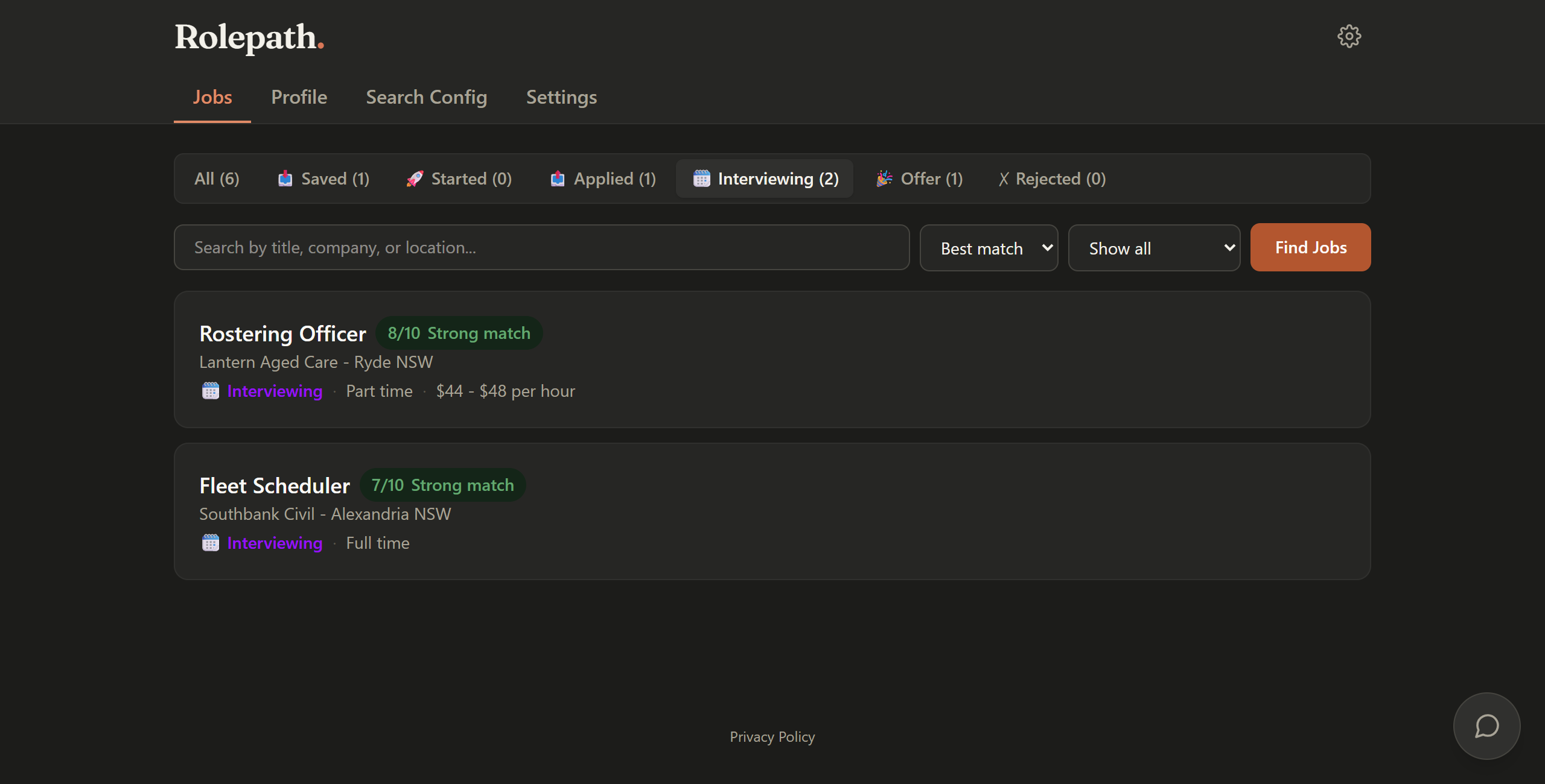 The job list filtered to the Interviewing tab, showing the two jobs whose status you set to Interviewing.